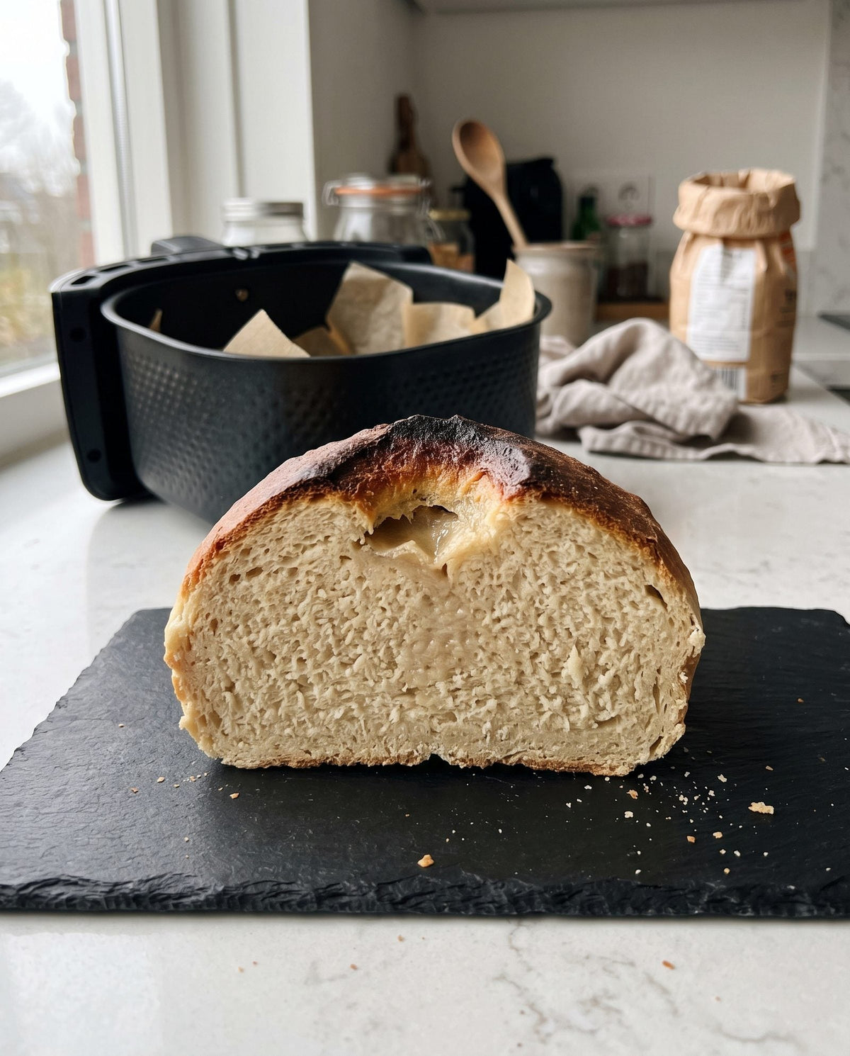 Doorgesneden brood uit de airfryer met een te donkere bovenkorst en een vochtige kern