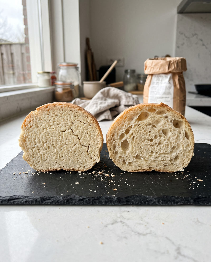 Twee doorgesneden broodjes naast elkaar, links met bakpoeder en rechts met gist