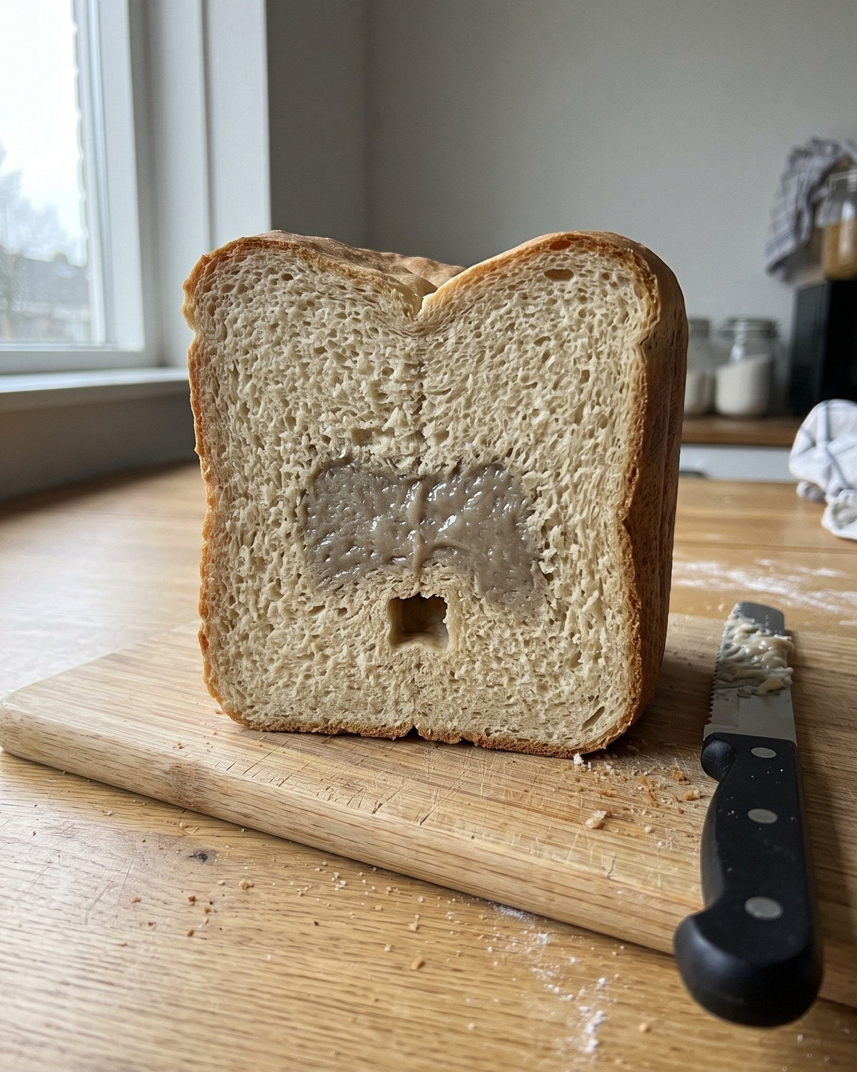 Doorgesneden busbrood met een smalle, glanzende streep niet gaar deeg boven het gat van de kneedhaak