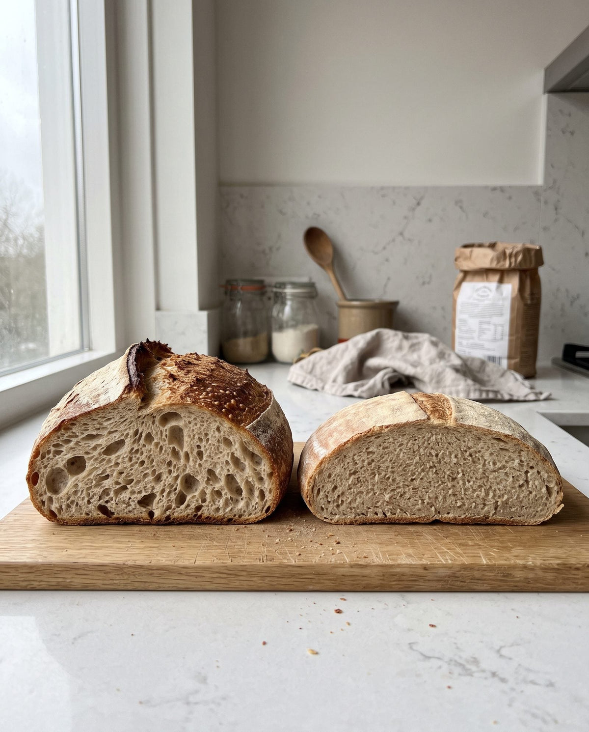 Twee ronde broden van hetzelfde deeg, links uit de gietijzeren pan en rechts van een bakplaat