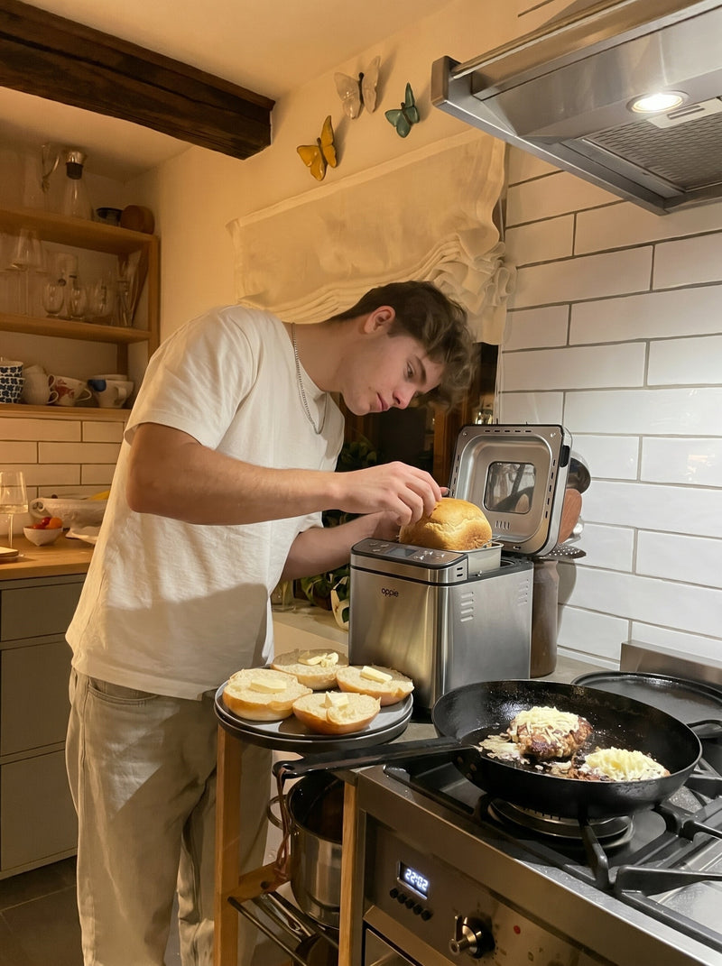 Zelfgebakken broodjes naast de broodbakmachine