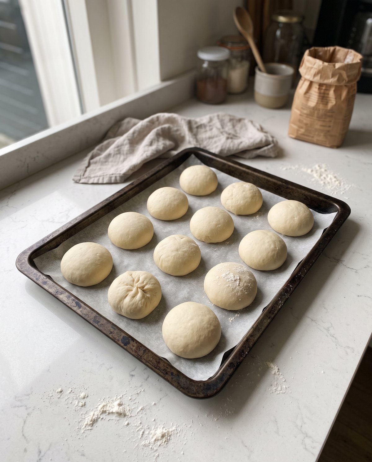 Opgebolde deegbolletjes klaar om te rijzen