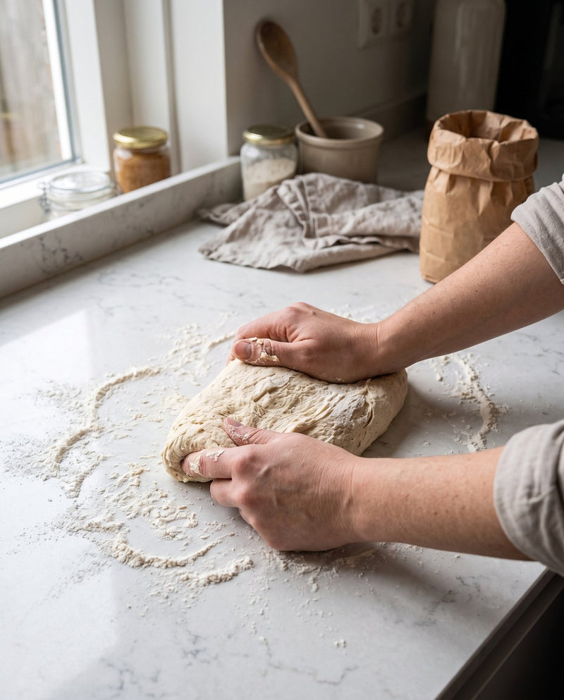 Handen kneden brooddeeg op een met bloem bestoven werkblad