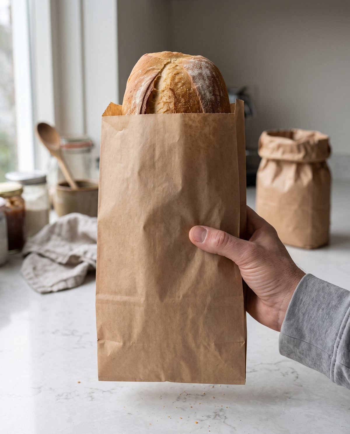 Een blanco papieren bakkerszak met een brood erin, zonder ingredientenlijst