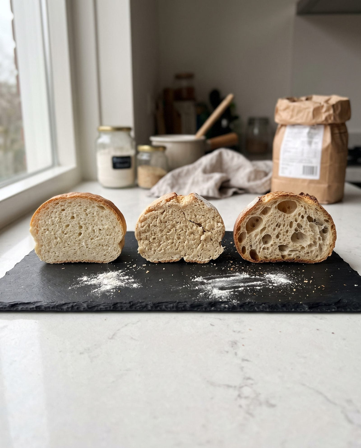 Drie doorgesneden broodjes op een rij, gemaakt met bakpoeder, met soda en met zuurdesem