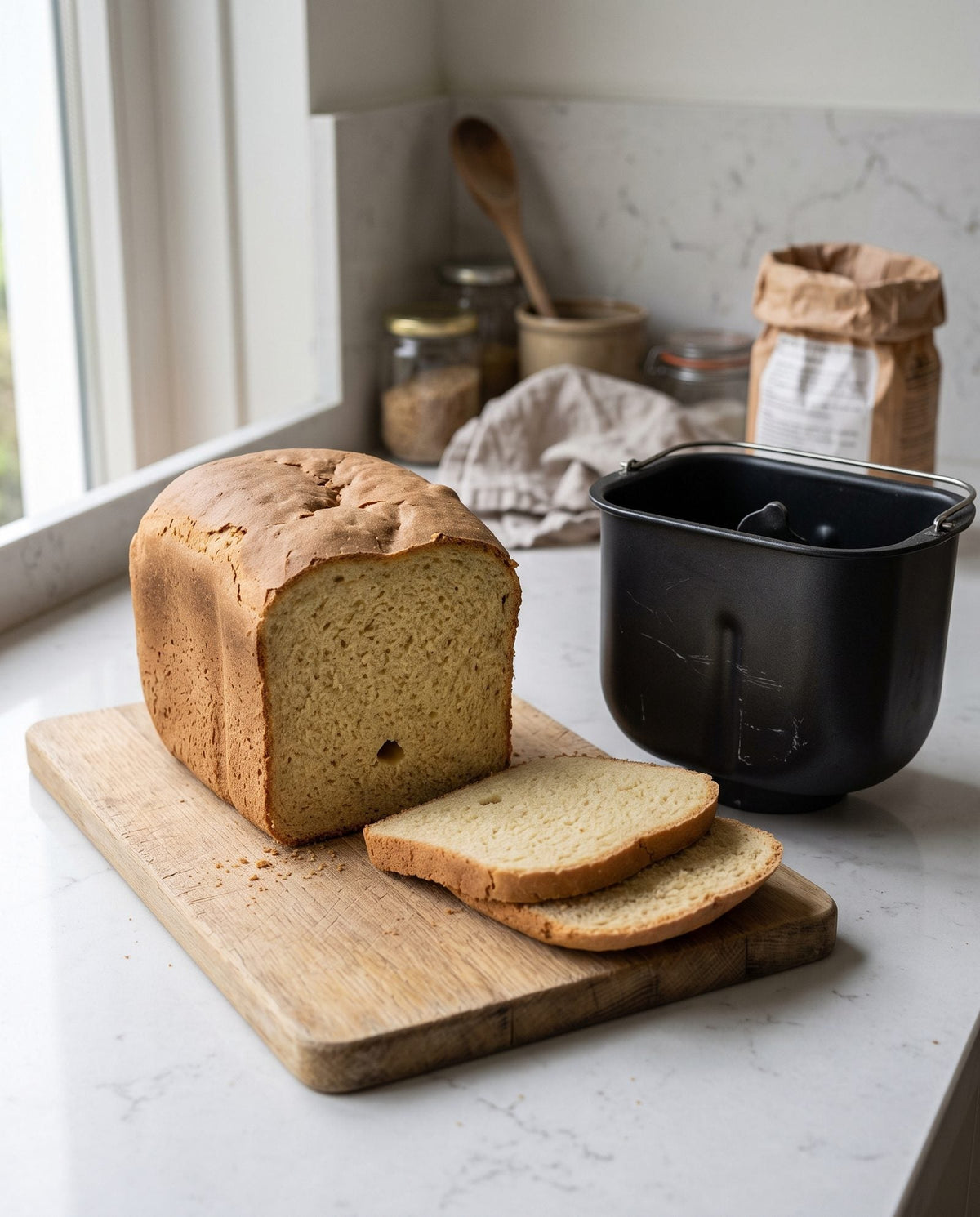 Doorgesneden glutenvrij brood uit de broodbakmachine naast de lege bakvorm