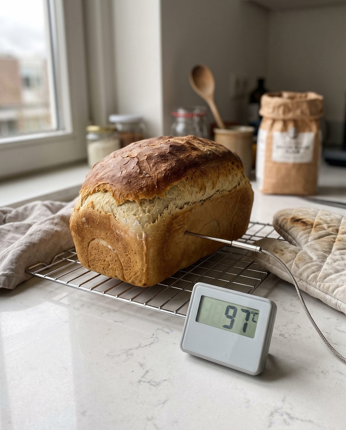 Kernthermometer in een net gebakken wit brood, het display wijst 97 graden aan