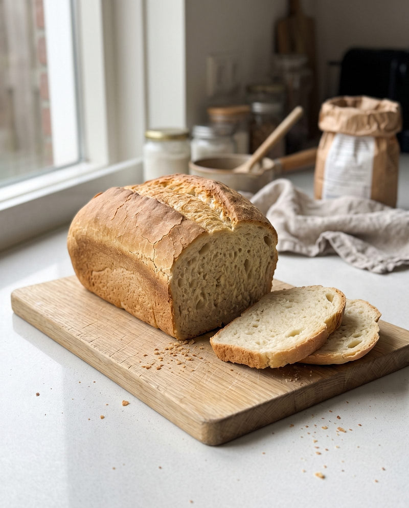 Zelfgebakken wit brood, aangesneden op een houten plank