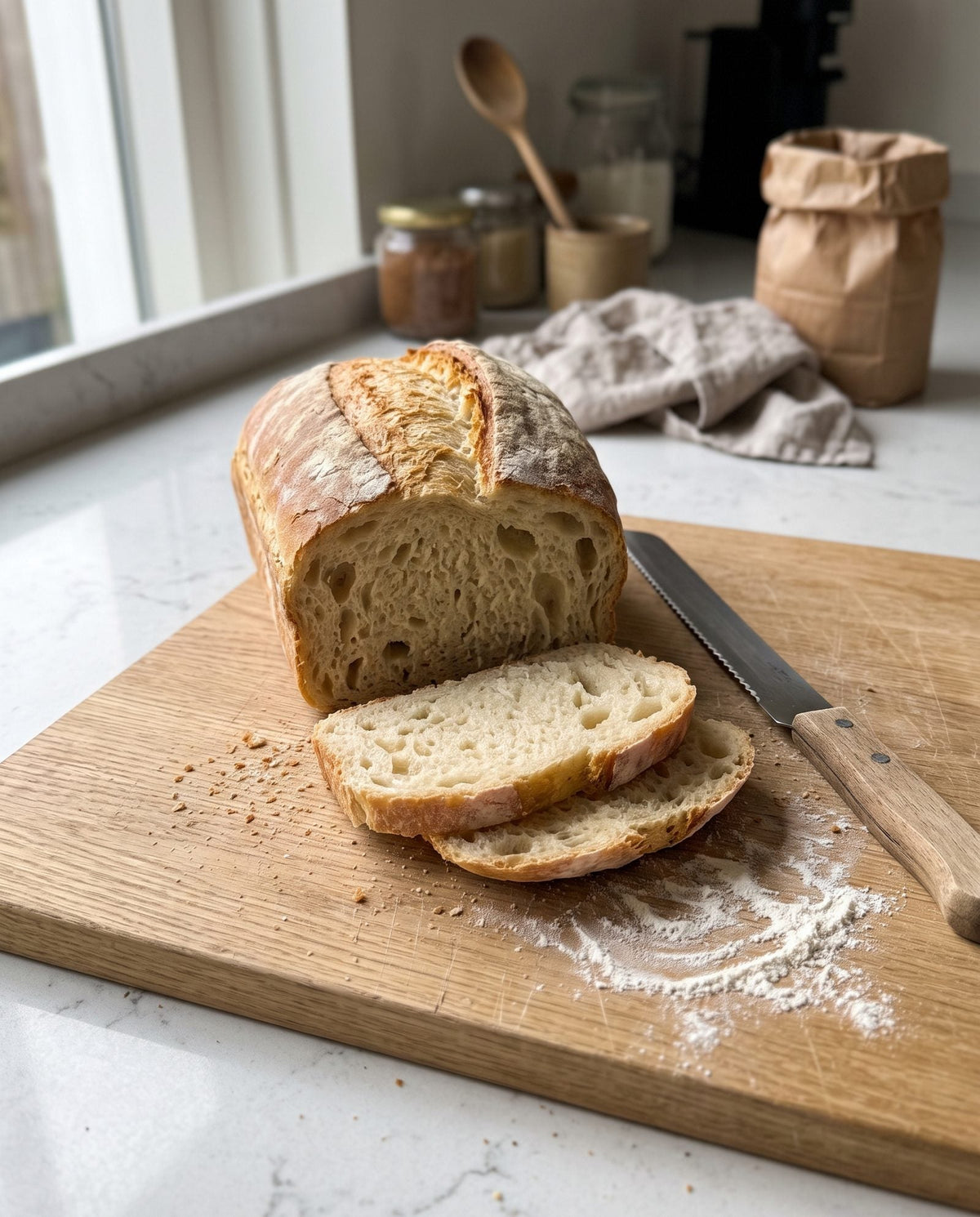 Zelfgebakken wit brood uit de oven, aangesneden op een houten plank