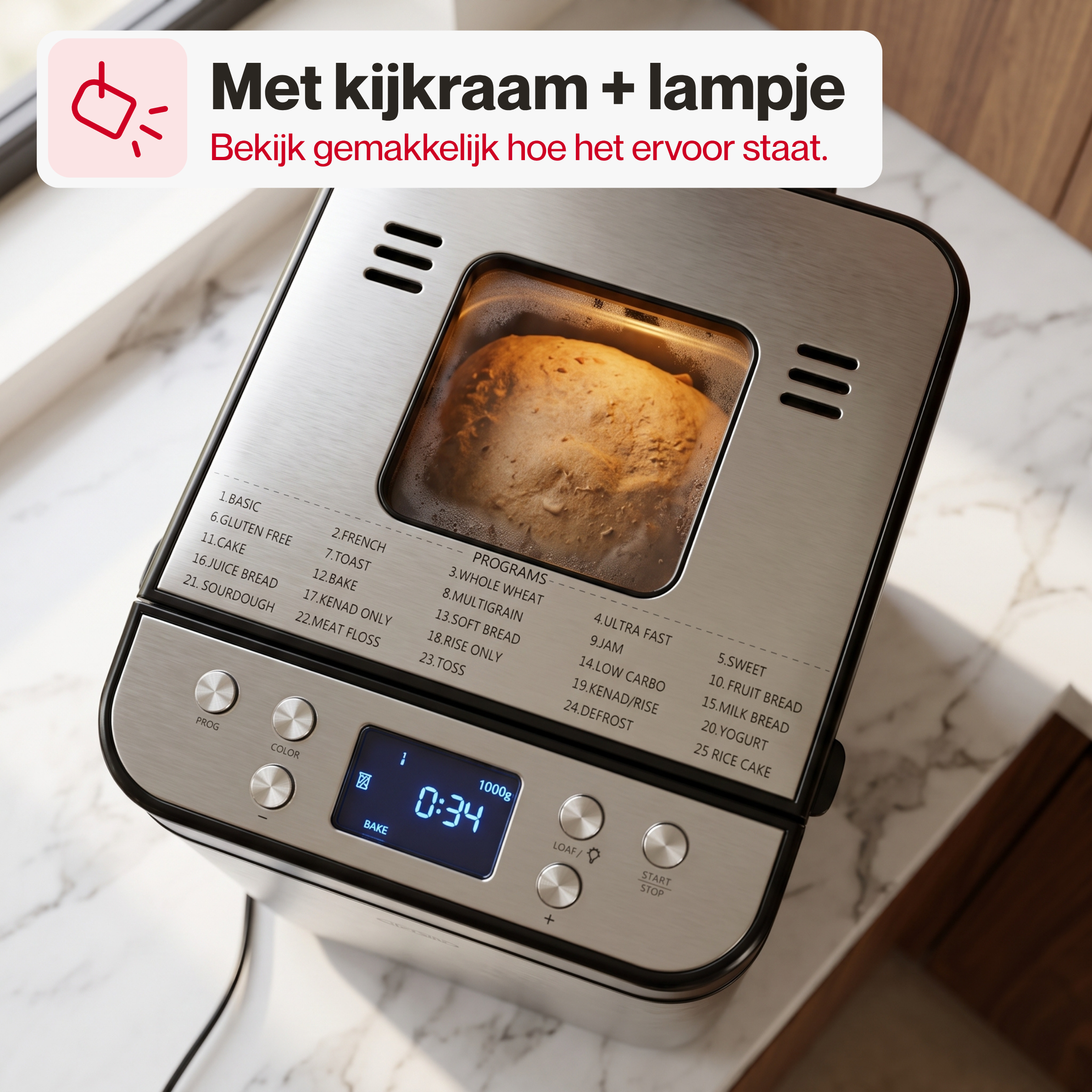 Kijkvenster met lampje om het mixen en kneden te volgen