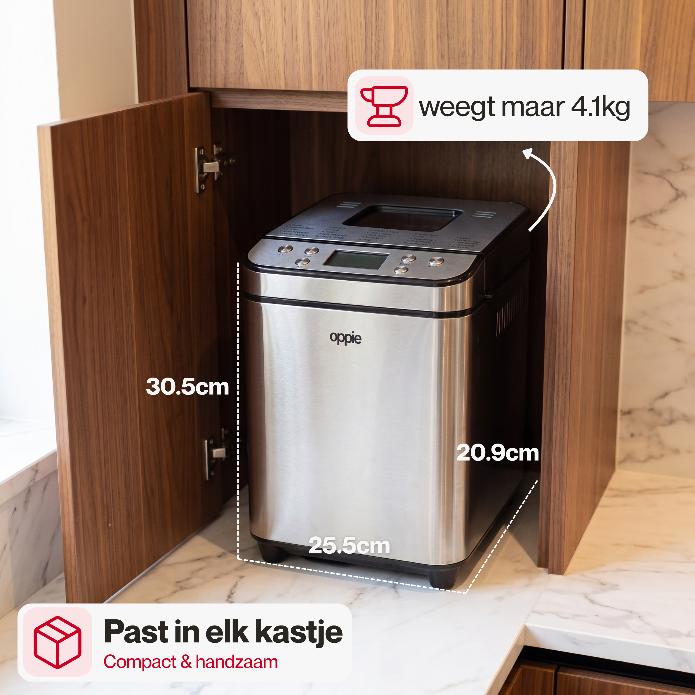Specificaties van de Oppie broodbakmachine: afmetingen en gewicht