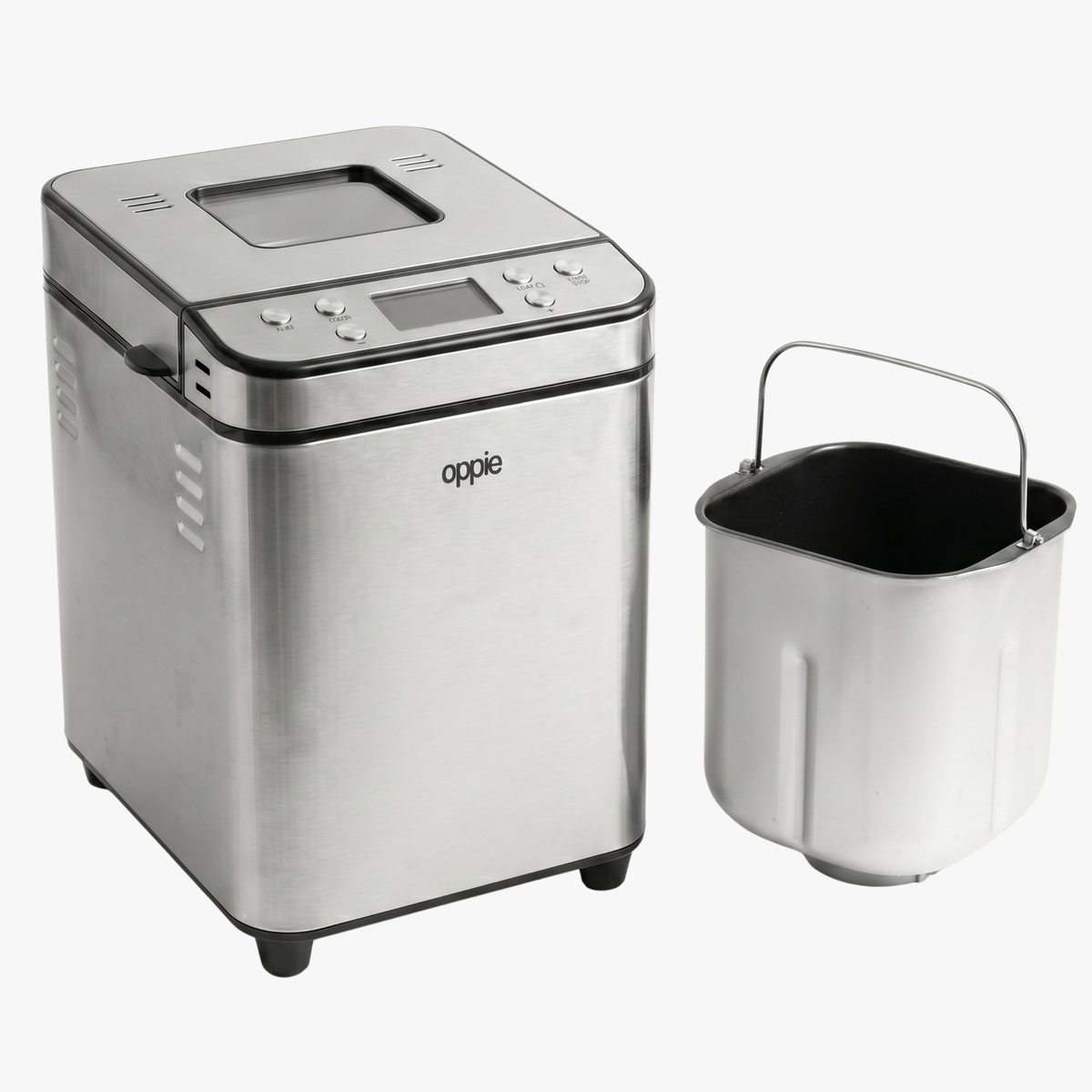 Oppie broodbakmachine met de uitneembare antiaanbak bakvorm ernaast