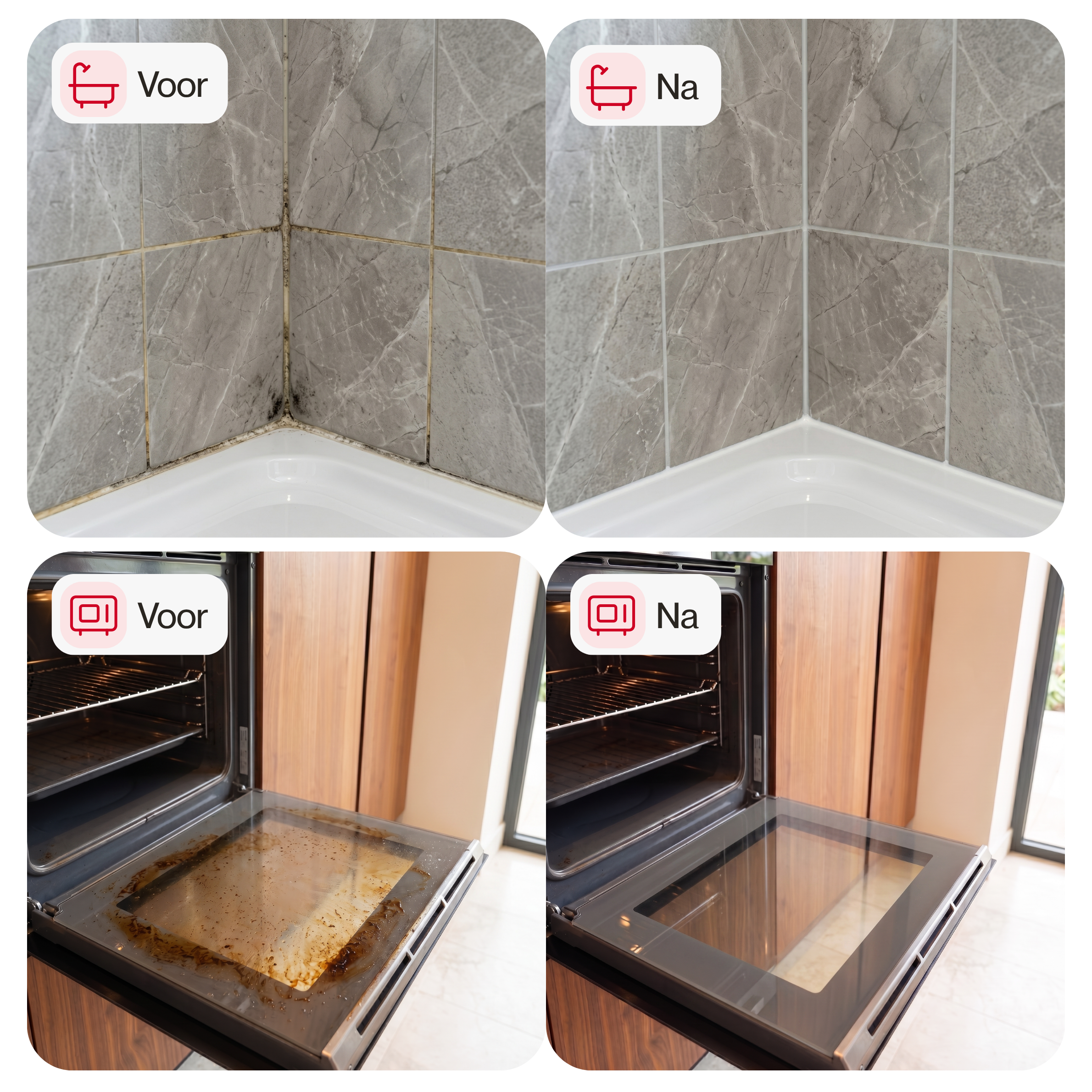 Voor en na: vieze voegen en ovendeur weer schoon