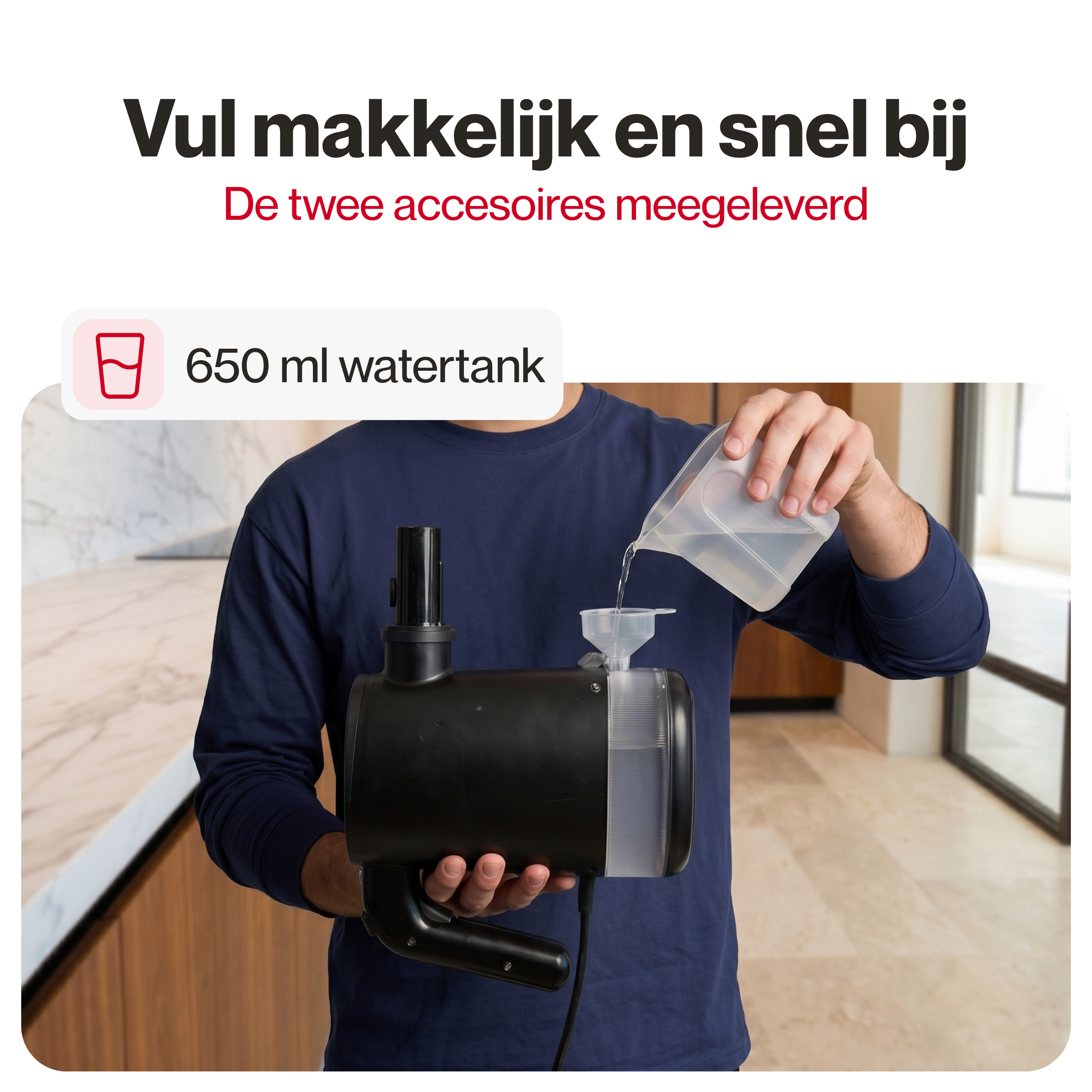 Grote watertank van 650 ml, makkelijk bijvullen
