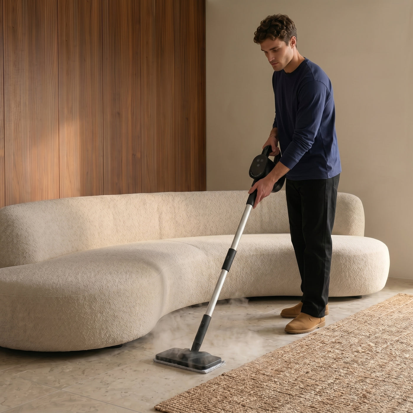 Oppie handstoomreiniger met vloermop bij een bank