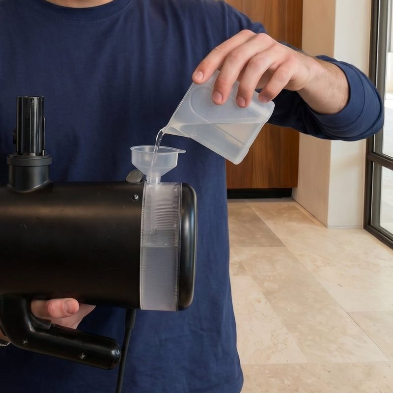 Watertank van de Oppie handstoomreiniger bijvullen met beker en trechter