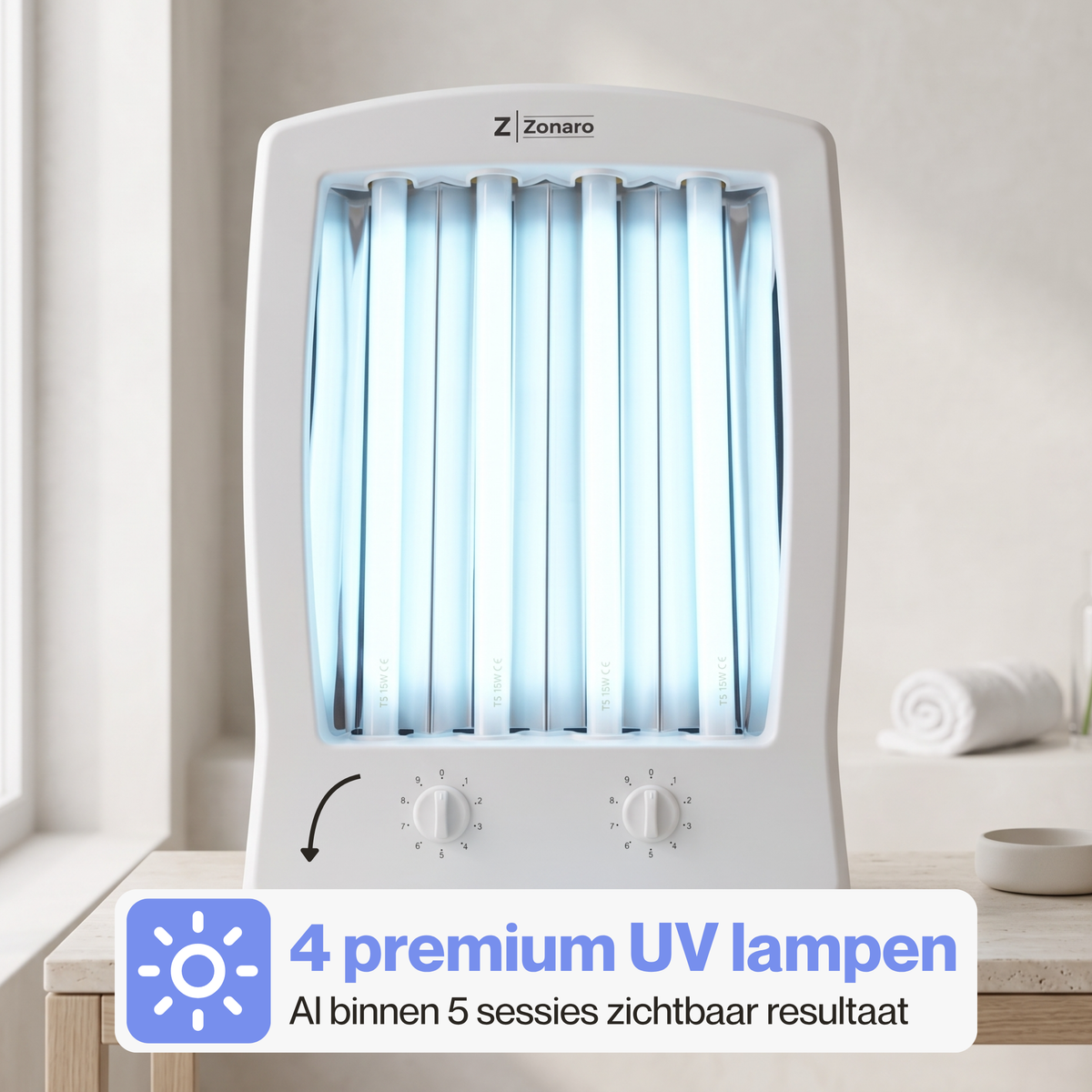 Vier UV-lampen van 15 watt in de Zonaro gezichtsbruiner