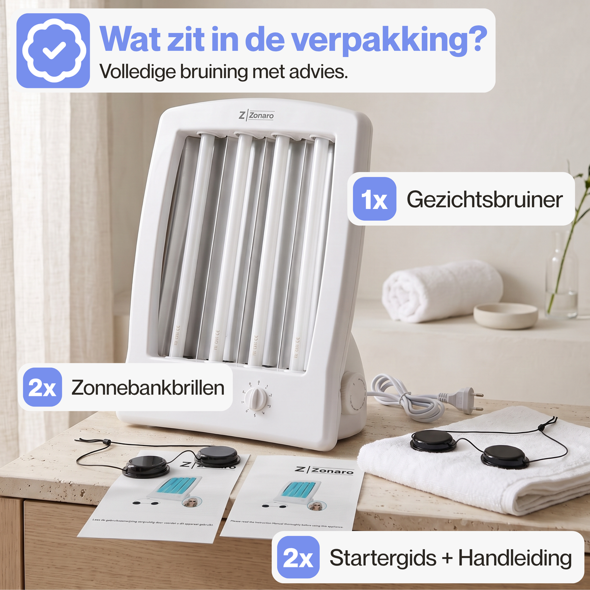 In de verpakking: gezichtsbruiner, 2 beschermbrillen en handleiding