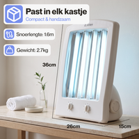 Specificaties: 36 bij 26 bij 15 cm, 2,7 kg en een snoer van 1,6 meter