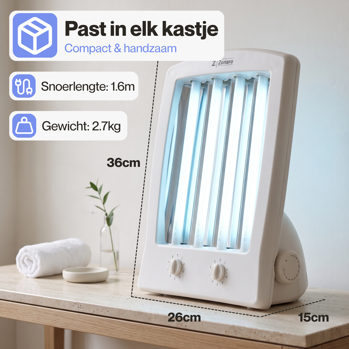 Specificaties: 36 bij 26 bij 15 cm, 2,7 kg en een snoer van 1,6 meter